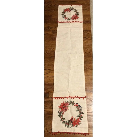 Christmas Cardinal Table Runner Wreath Poinsettia 13 X 69 Pom Poms - Picture 5 of 7